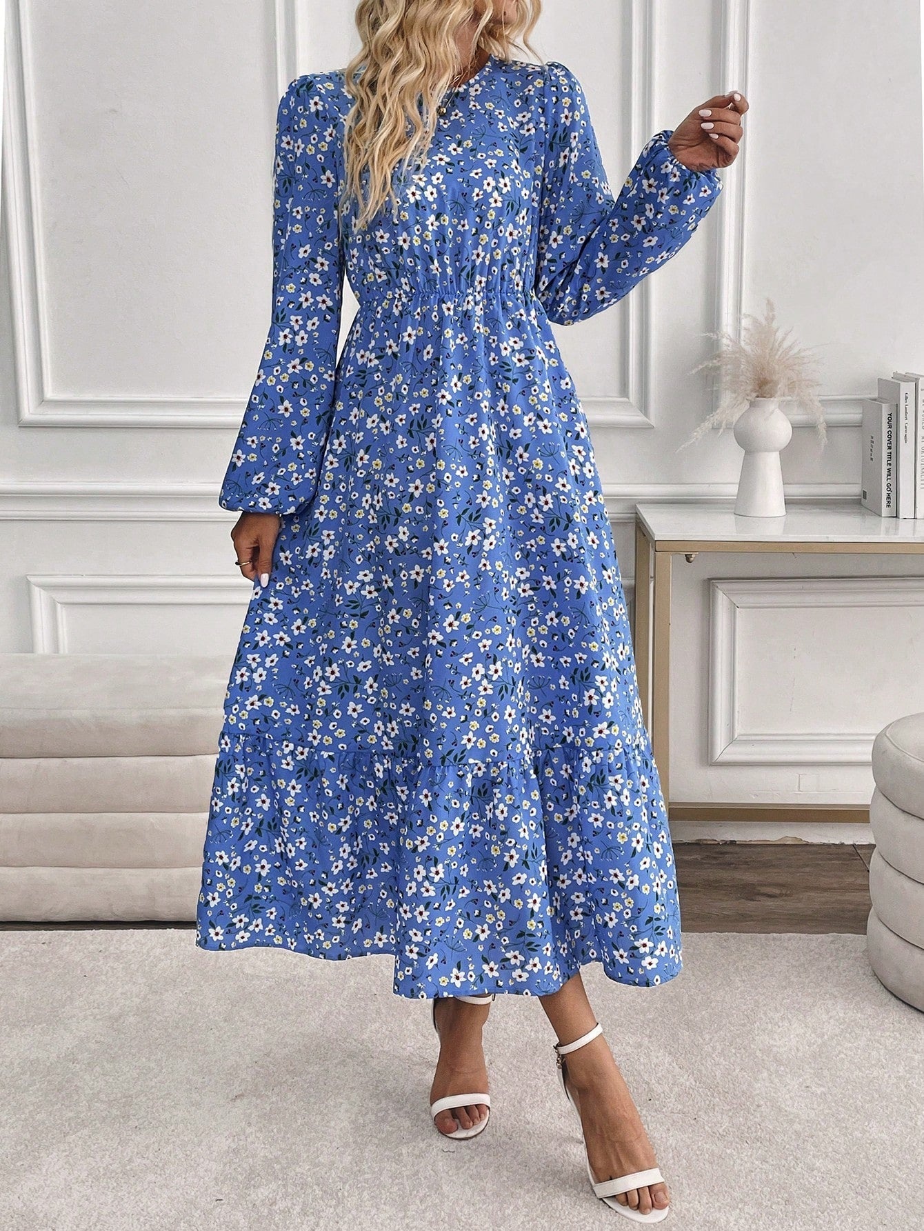 Flora | Damen Maxikleid Langarm Blumenmuster A-Linie Boho Herbstkleid