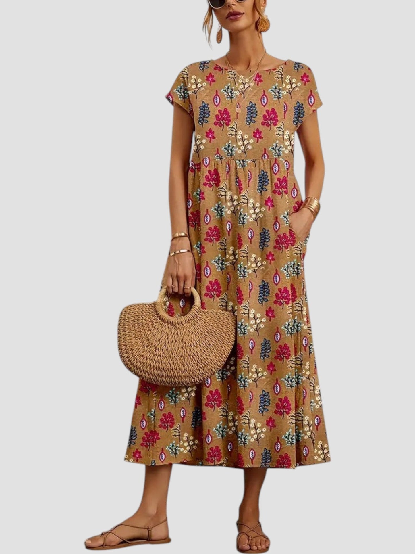 KROHN-E Damen Vintage Maxi-Kleid ärmellos fließend Blumenmuster Sommer