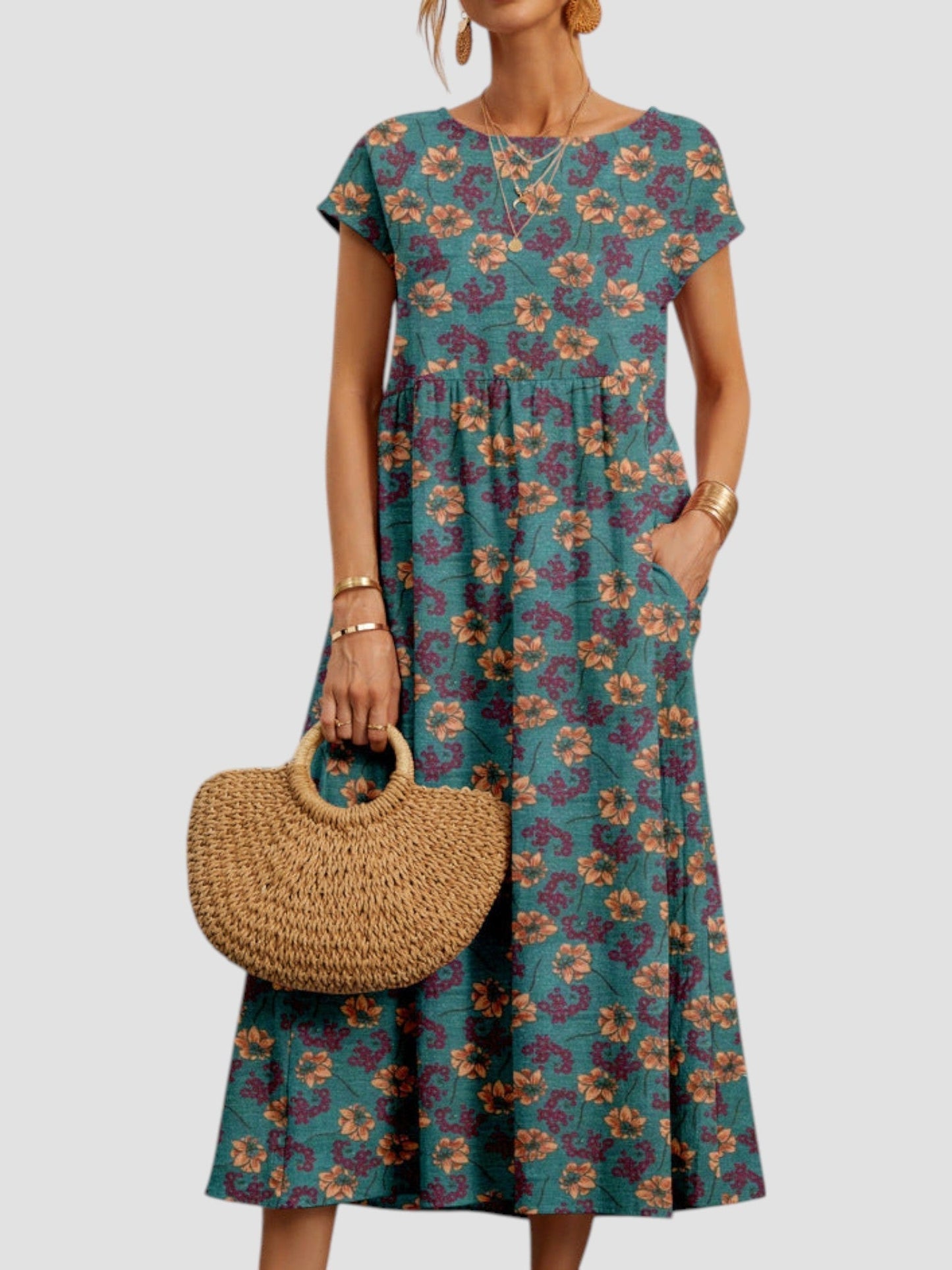 KROHN-E Damen Vintage Maxi-Kleid ärmellos fließend Blumenmuster Sommer