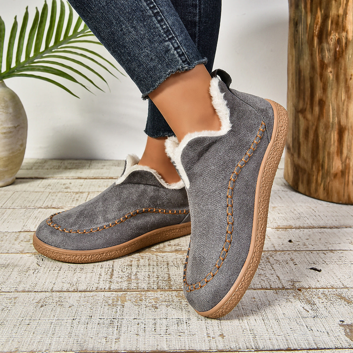 KROHN-E Damen Ankle Boots Slip-On Fellbesatz Dicke Sohle