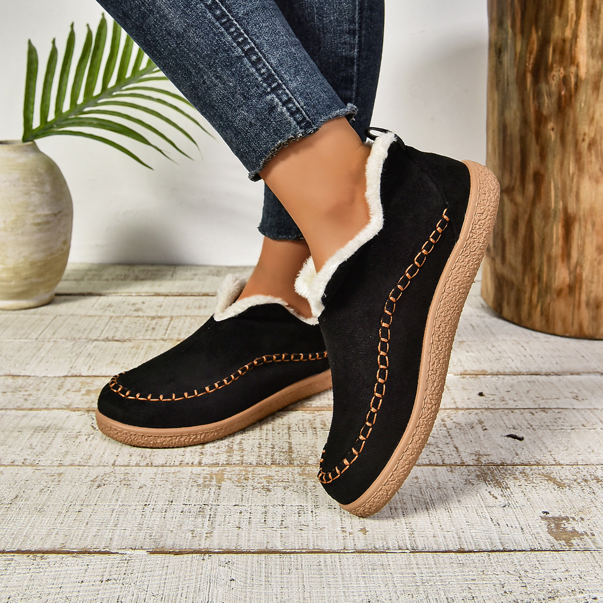 KROHN-E Damen Ankle Boots Slip-On Fellbesatz Dicke Sohle