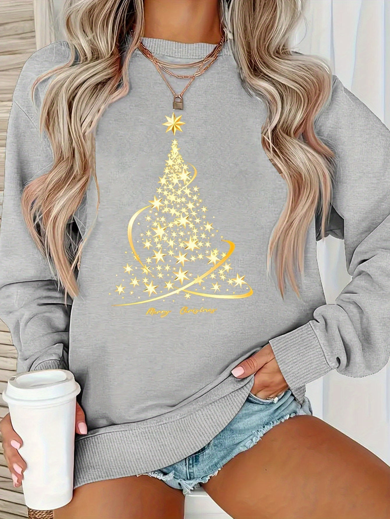 Krohn-e | Jul Sweatshirt mit Print Baumwolle Goldener Weihnachtsbaum Design