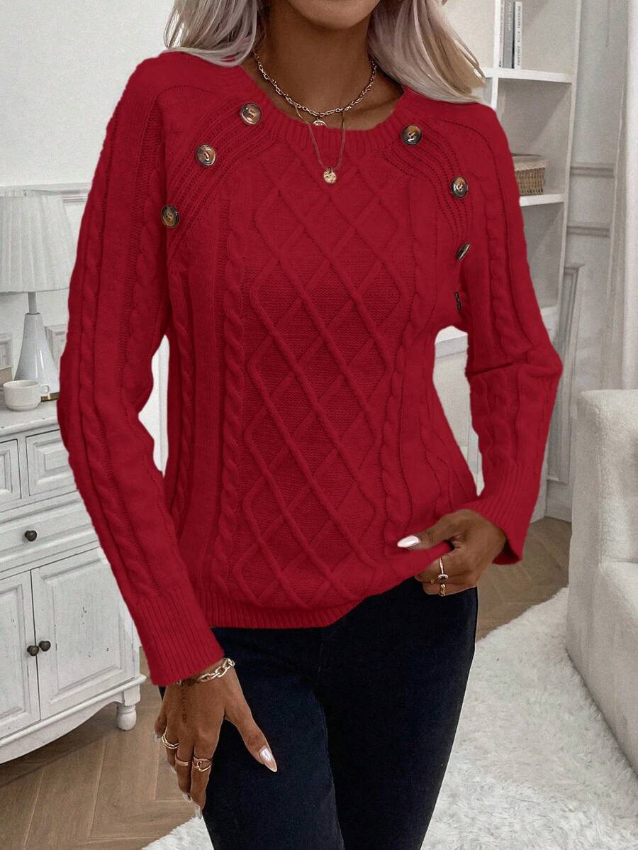 KROHN-E Damen Zopfstrick-Pullover Knopfdetails kuschelig Grau