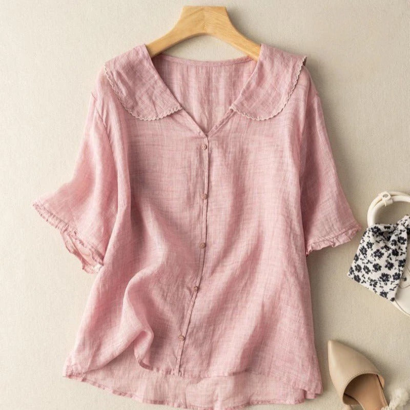 KROHN-E Damen Vintage-Bluse Klassisch Wellenförmiger Kragen