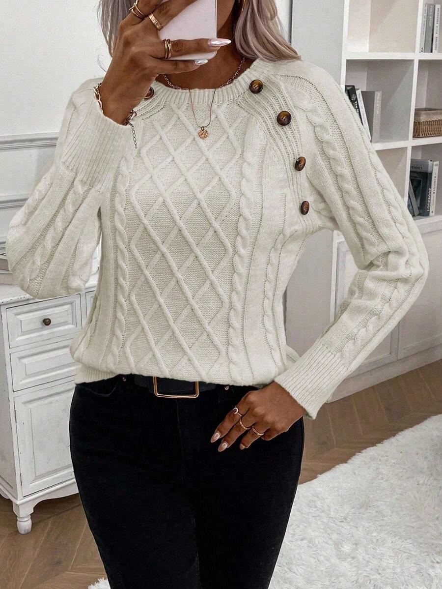 KROHN-E Damen Zopfstrick-Pullover Knopfdetails kuschelig Grau