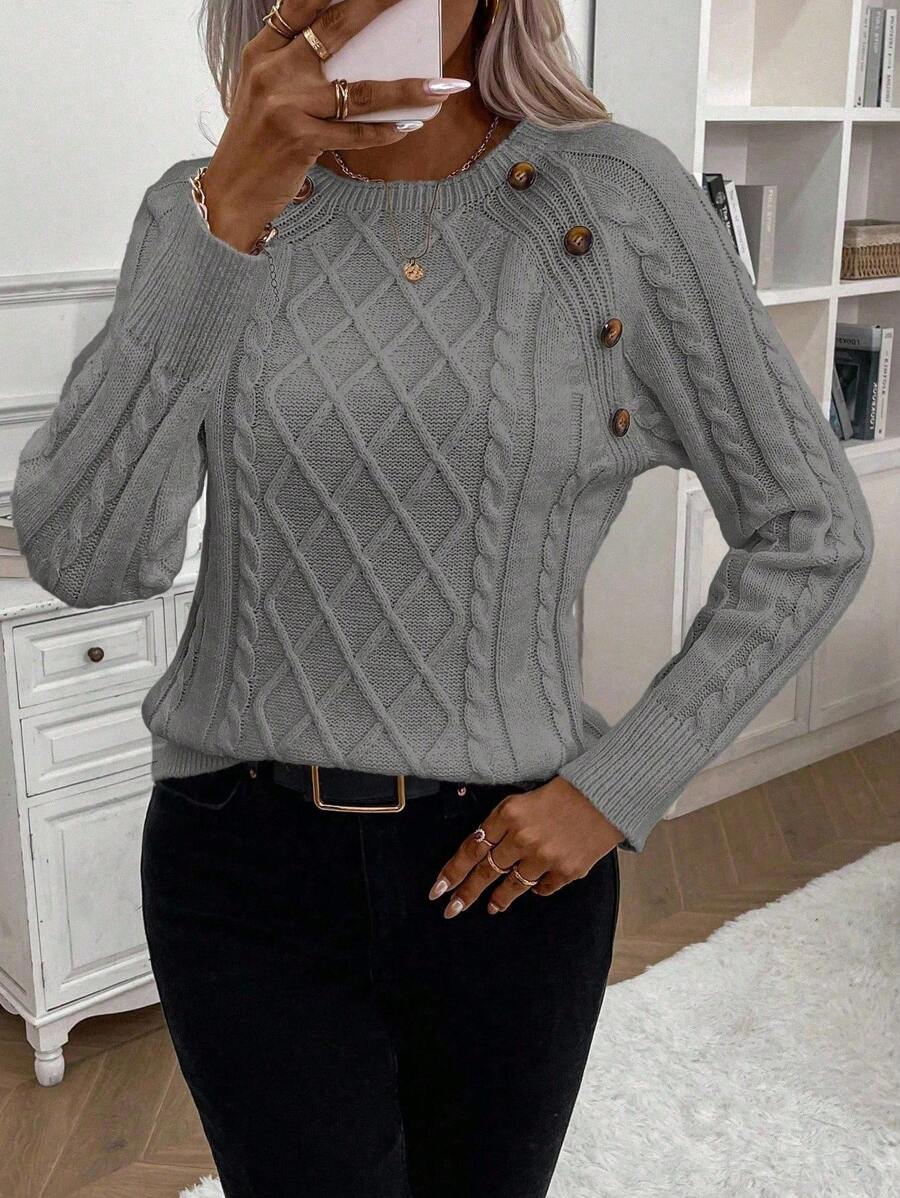 KROHN-E Damen Zopfstrick-Pullover Knopfdetails kuschelig Grau