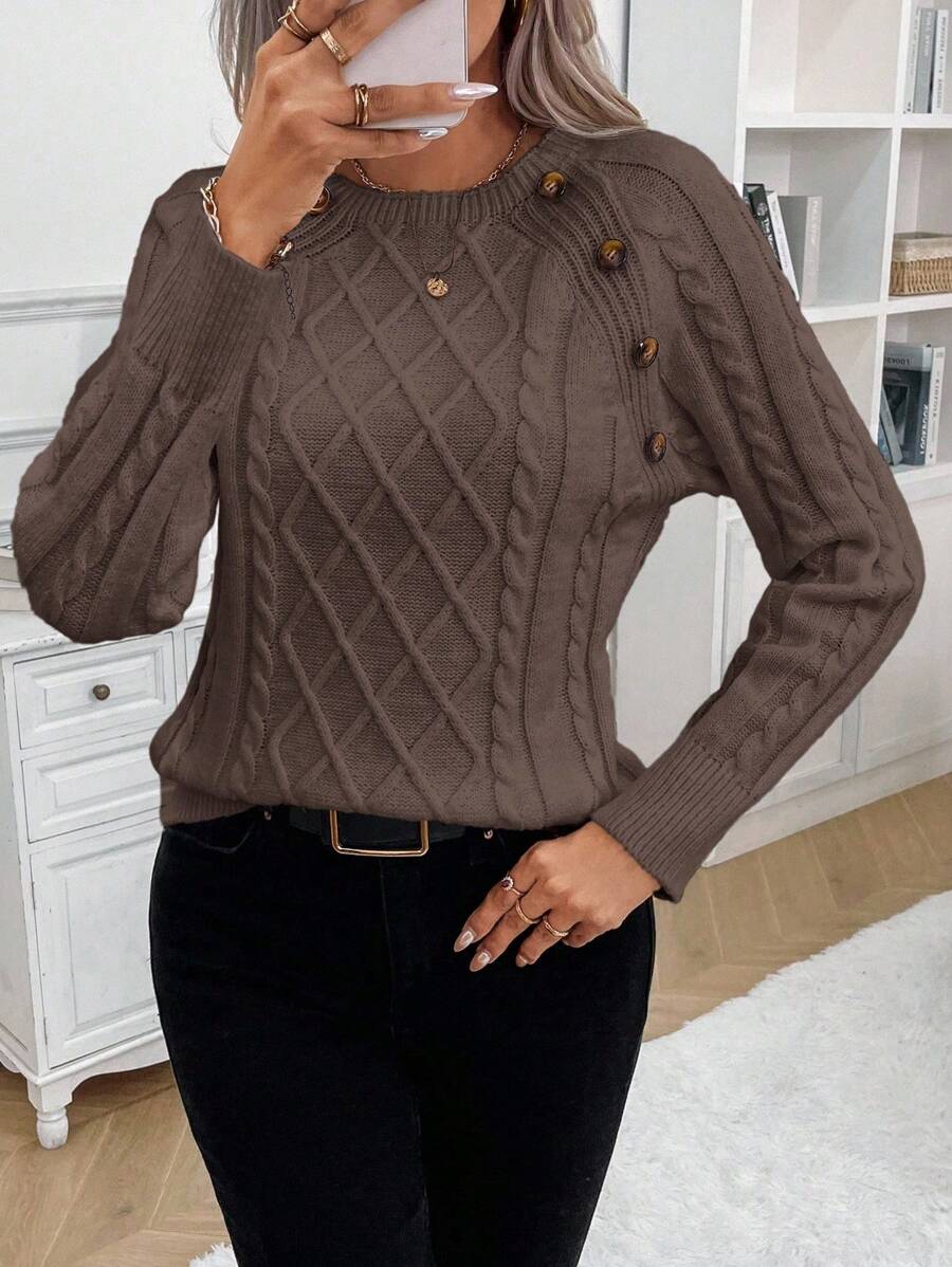 KROHN-E Damen Zopfstrick-Pullover Knopfdetails kuschelig Grau