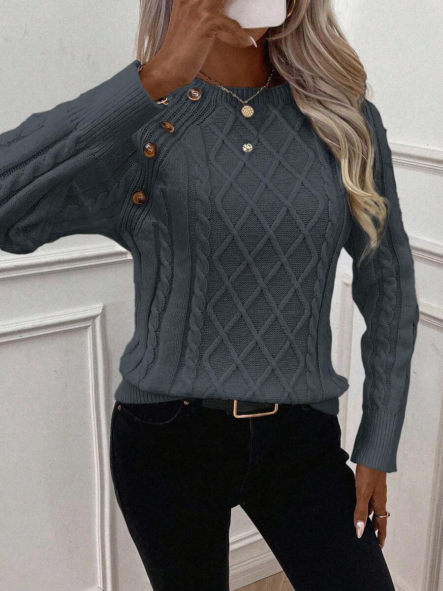 KROHN-E Damen Zopfstrick-Pullover Knopfdetails kuschelig Grau