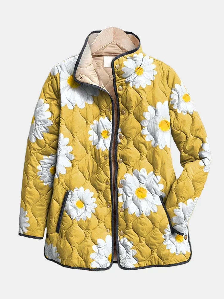 KROHN-E Damen Jacke Gänseblümchen-Print Wattiert