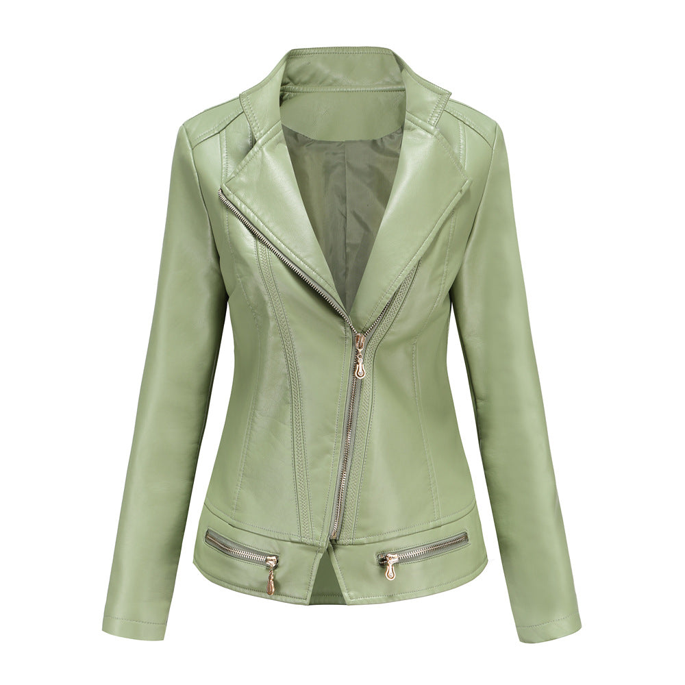 Damen schicke Kunstlederjacke mit tailliertem Schnitt und dekorativen Reißverschlüssen Krohn-e