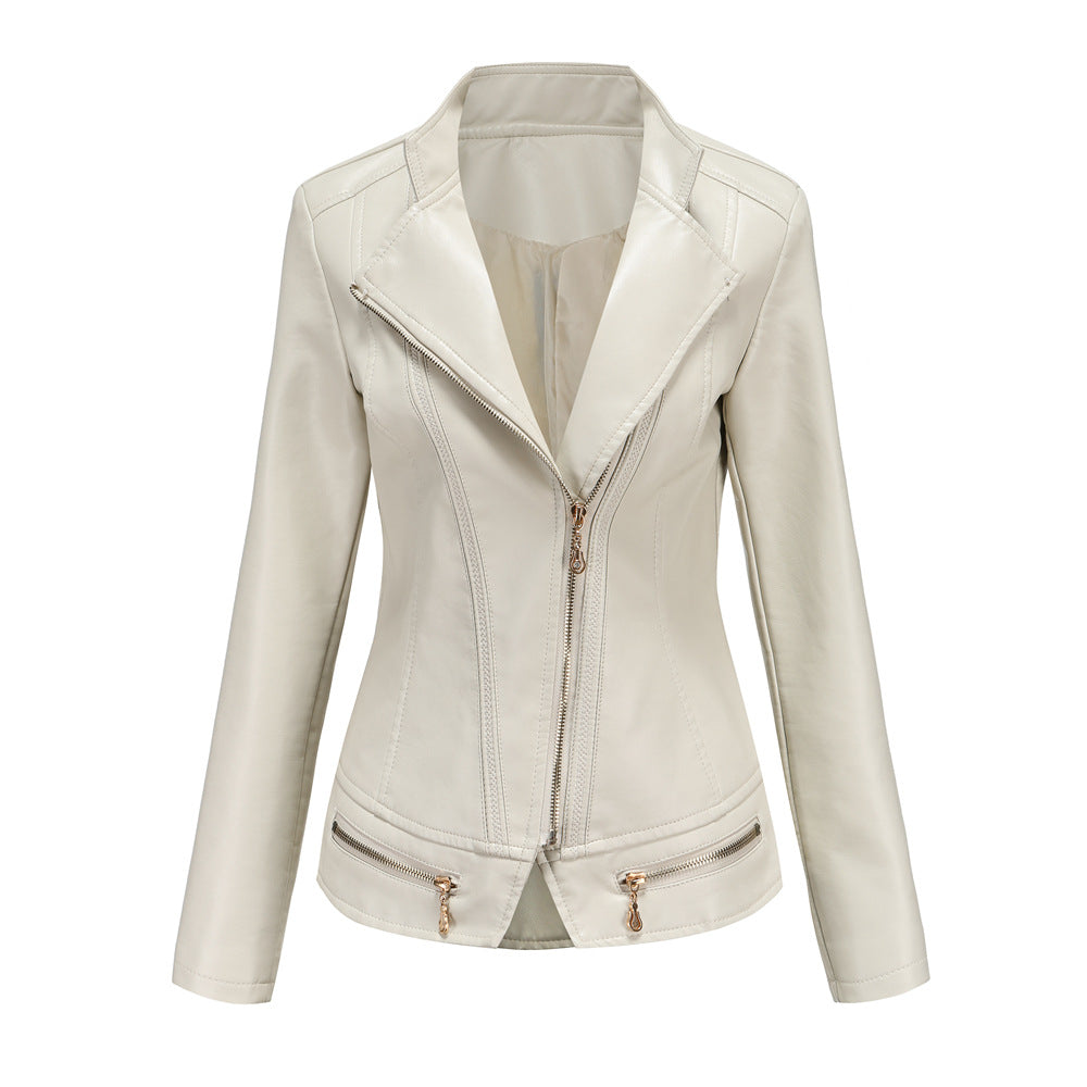 Damen schicke Kunstlederjacke mit tailliertem Schnitt und dekorativen Reißverschlüssen Krohn-e