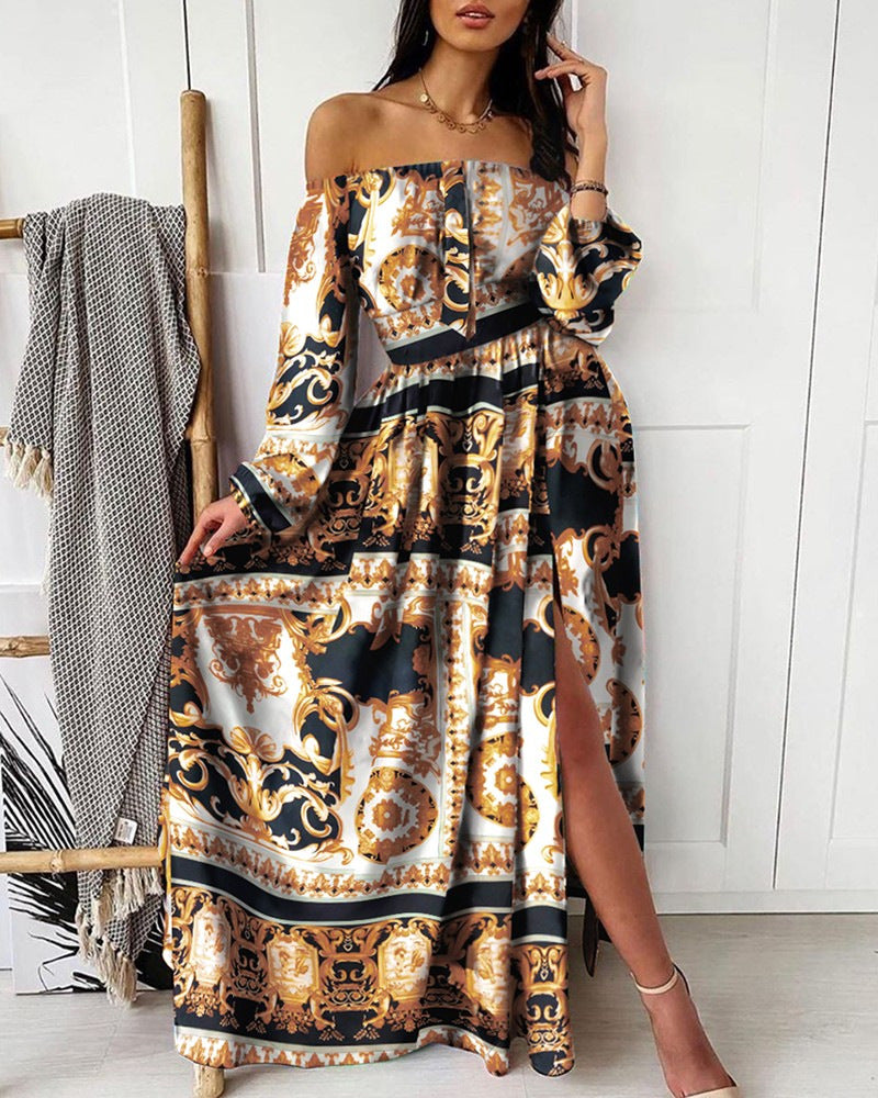Fudus Vintage Langarm-Kleid mit großem Saumschlitz