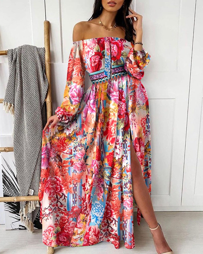 Fudus Vintage Langarm-Kleid mit großem Saumschlitz