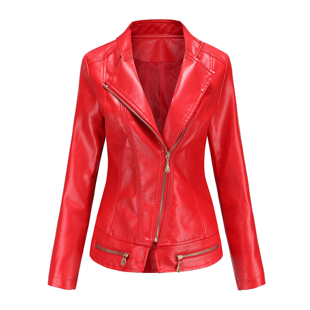 Damen schicke Kunstlederjacke mit tailliertem Schnitt und dekorativen Reißverschlüssen Krohn-e