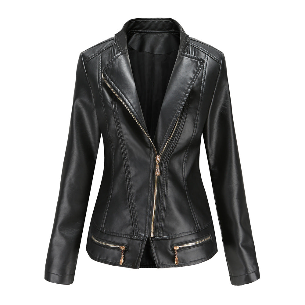 Damen schicke Kunstlederjacke mit tailliertem Schnitt und dekorativen Reißverschlüssen Krohn-e