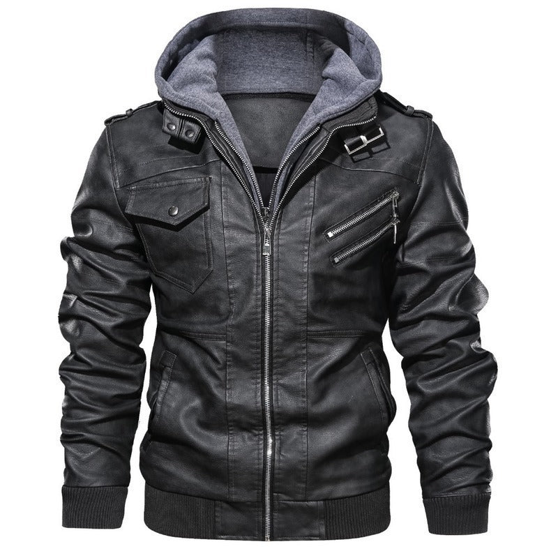 Herren Kunstlederjacke mit abnehmbarer Kapuze und mehreren Reißverschlusstaschen Krohn-e
