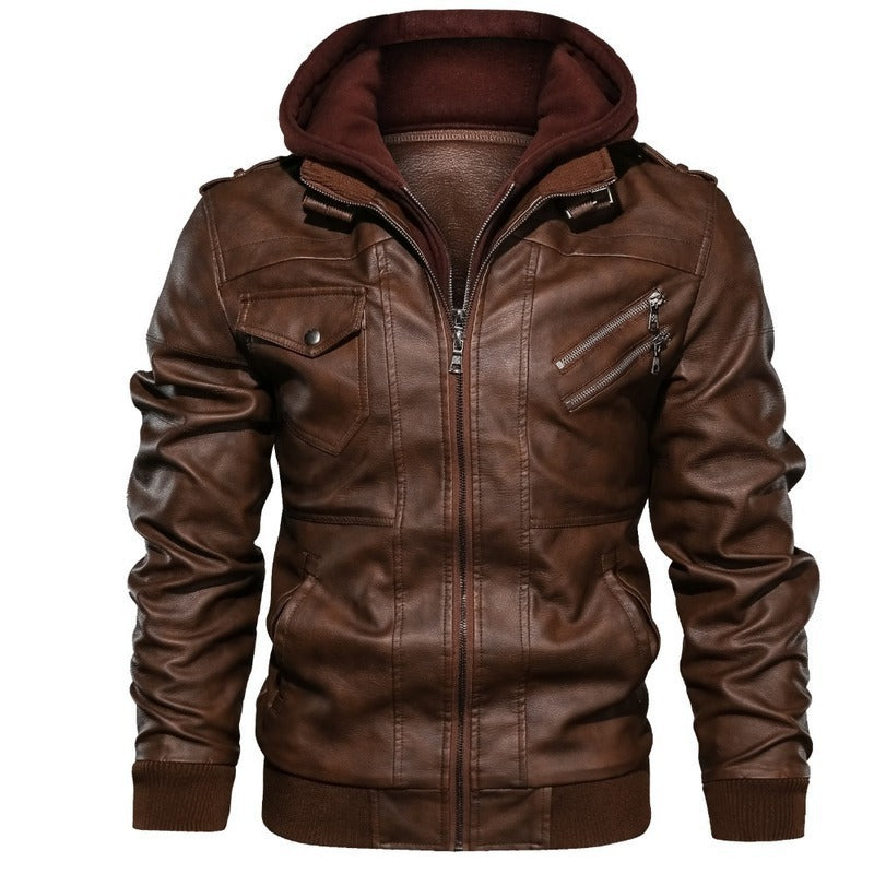 Herren Kunstlederjacke mit abnehmbarer Kapuze und mehreren Reißverschlusstaschen Krohn-e