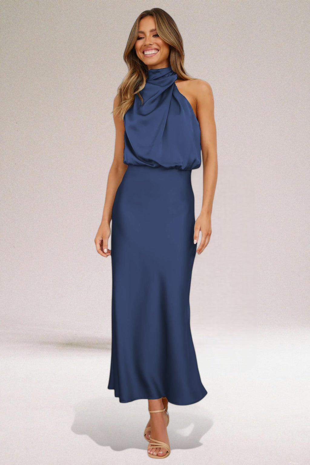 KROHN-E Damen Neckholder Kleid Fließend Glänzend Elegant Abendkleid