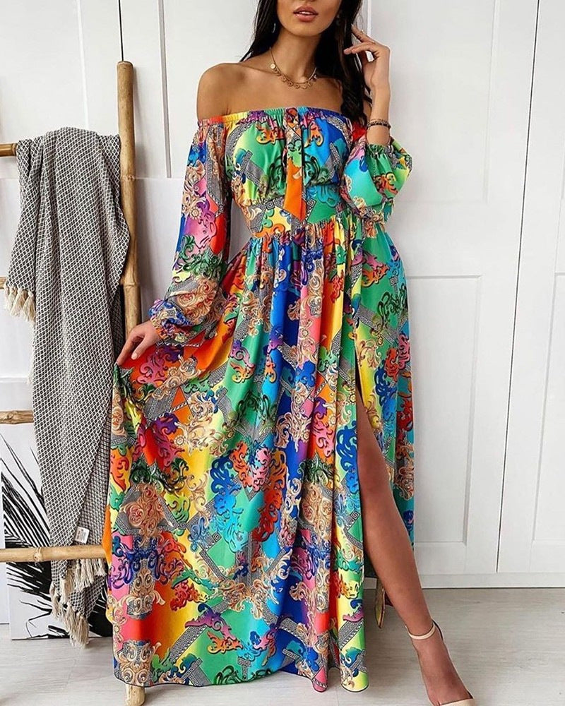 Fudus Vintage Langarm-Kleid mit großem Saumschlitz