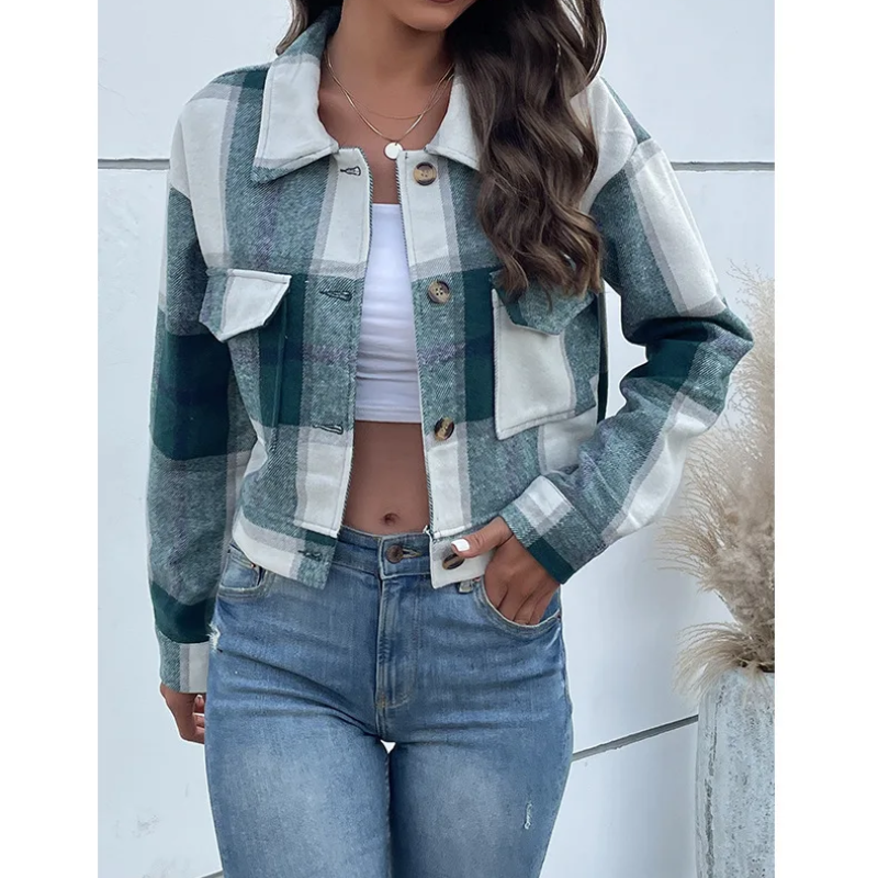 Avelena Damen Bomberjacke: Kariertes Freizeitmodell mit Brusttaschen