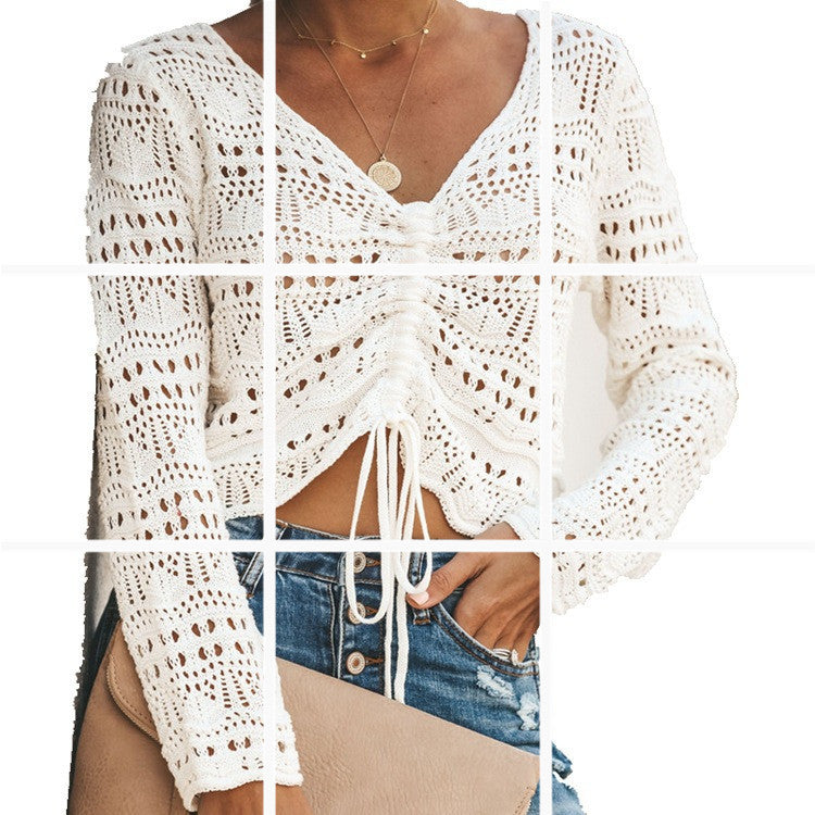 Damen luftige Strickjacke mit raffiniertem Lochmuster und Kordelzug Krohn-e