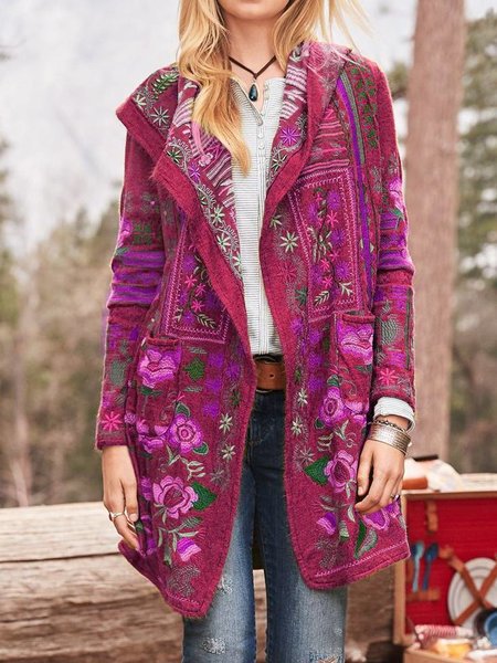 Damen kunstvoll bestickte Strickjacke mit Kapuze und Taschen Krohn-e