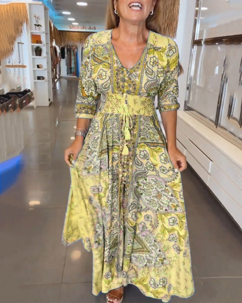 Damen-Sommerkleid mit V-Ausschnitt und Dreiviertelärmeln