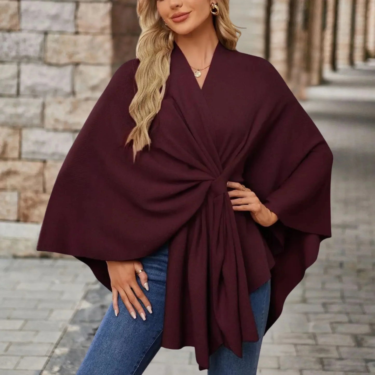 KROHN-E Damen Poncho Leicht Draped Knoten-Design Oversized