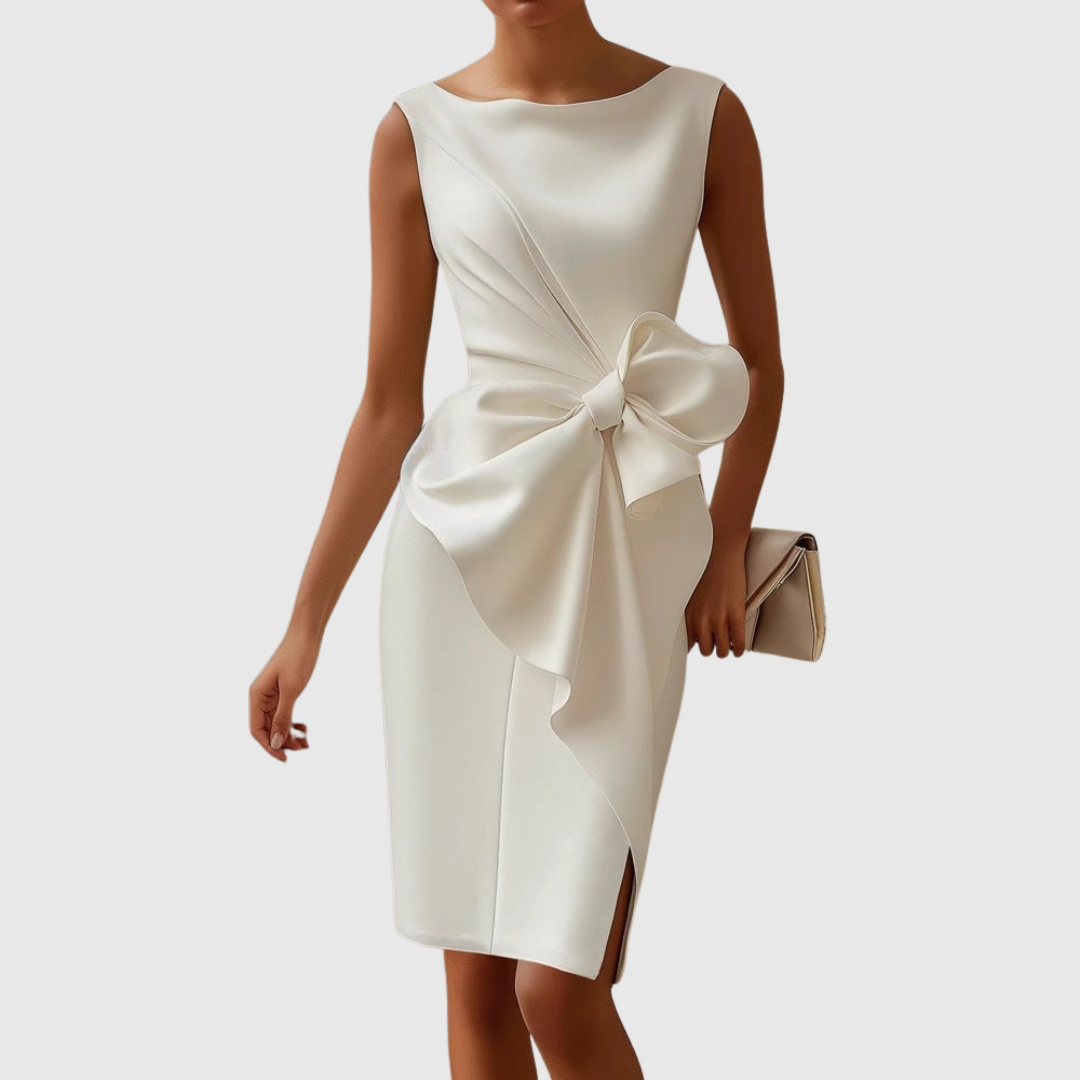 KROHN-E Damen Midi-Kleid Carmenausschnitt Schleifendetail Schwarz