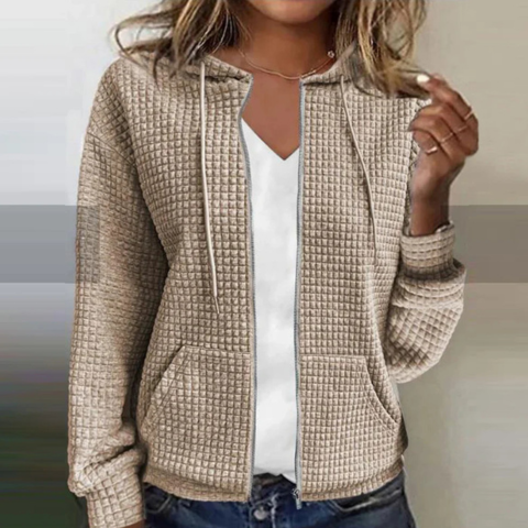 Fudus Damen Kapuzenpullover mit Reißverschluss aus warmem Waffelstoff