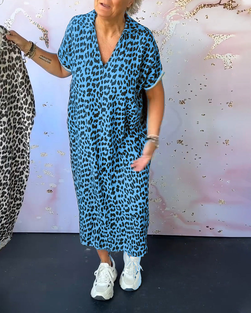Damen-Kurzarmskleid mit Leopardenprint und V-Ausschnitt