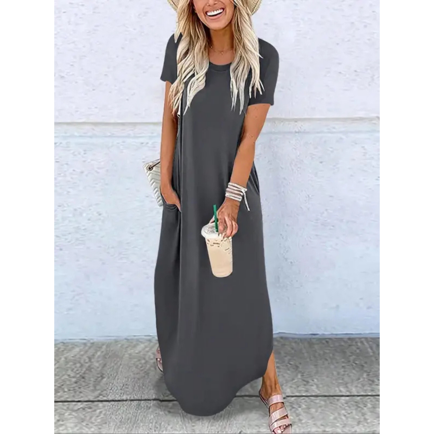 KROHN-E Damen Maxi-Kleid Rundhals Casual Sommer