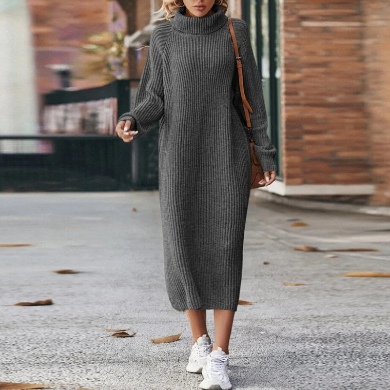 Krohn-e | Bequeme Damen Maxi Pullover Kleid mit Kragen