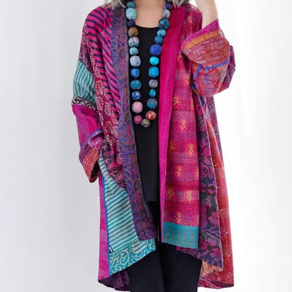 Krohn-e | Kimono-Jacke - Bohemian-Patchwork-Design - Leicht und Luftig - Langärmlig Offene Vorderseite