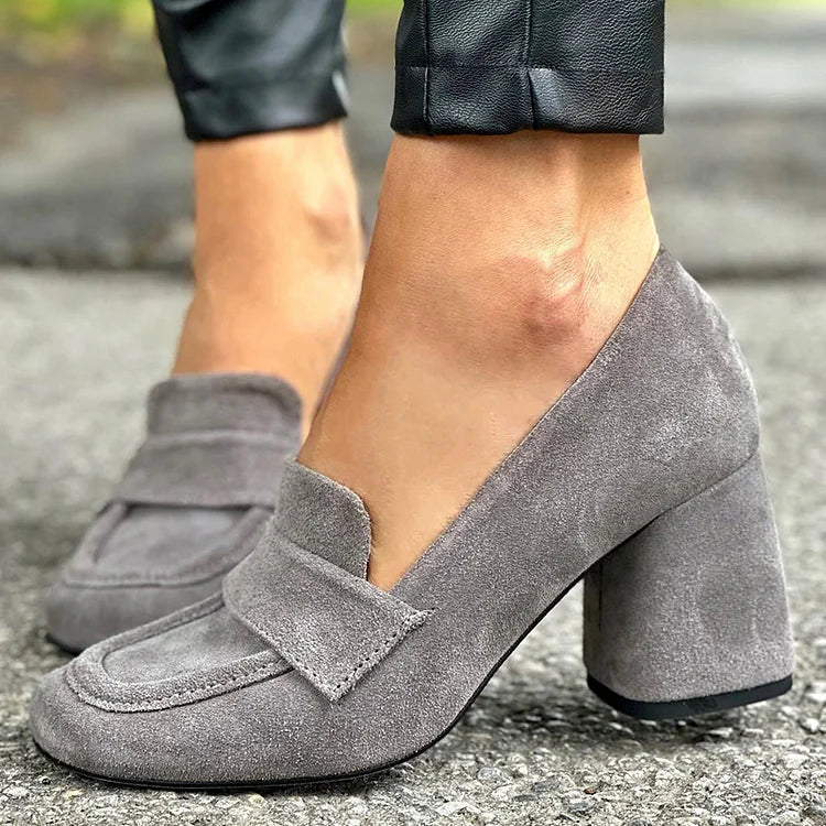 KROHN-E Damen Loafer Block-Absatz Klassisch Schwarz