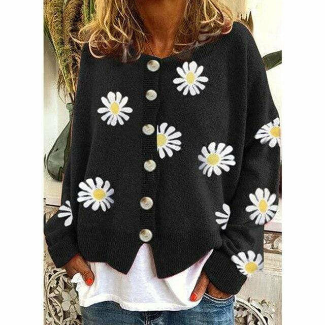 Krohn-e | Strickjacke - Damen Herbst Blumen Knopf-Überzieh Strickjacke