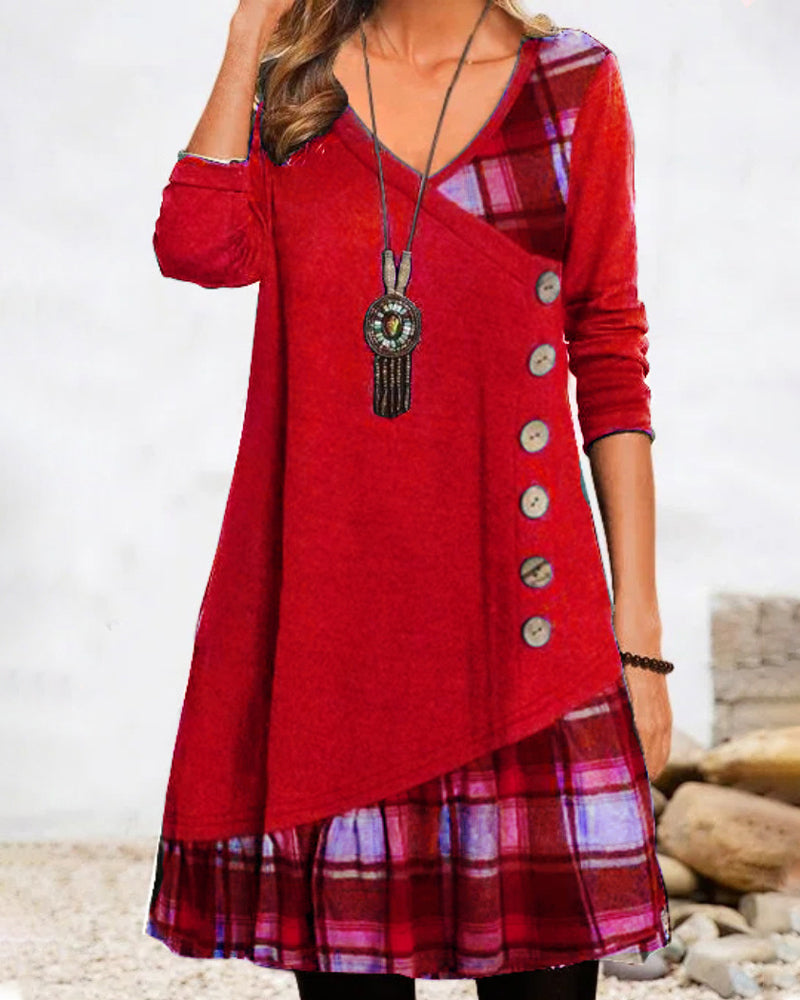 Langarm-Leinenkleid im Karomuster