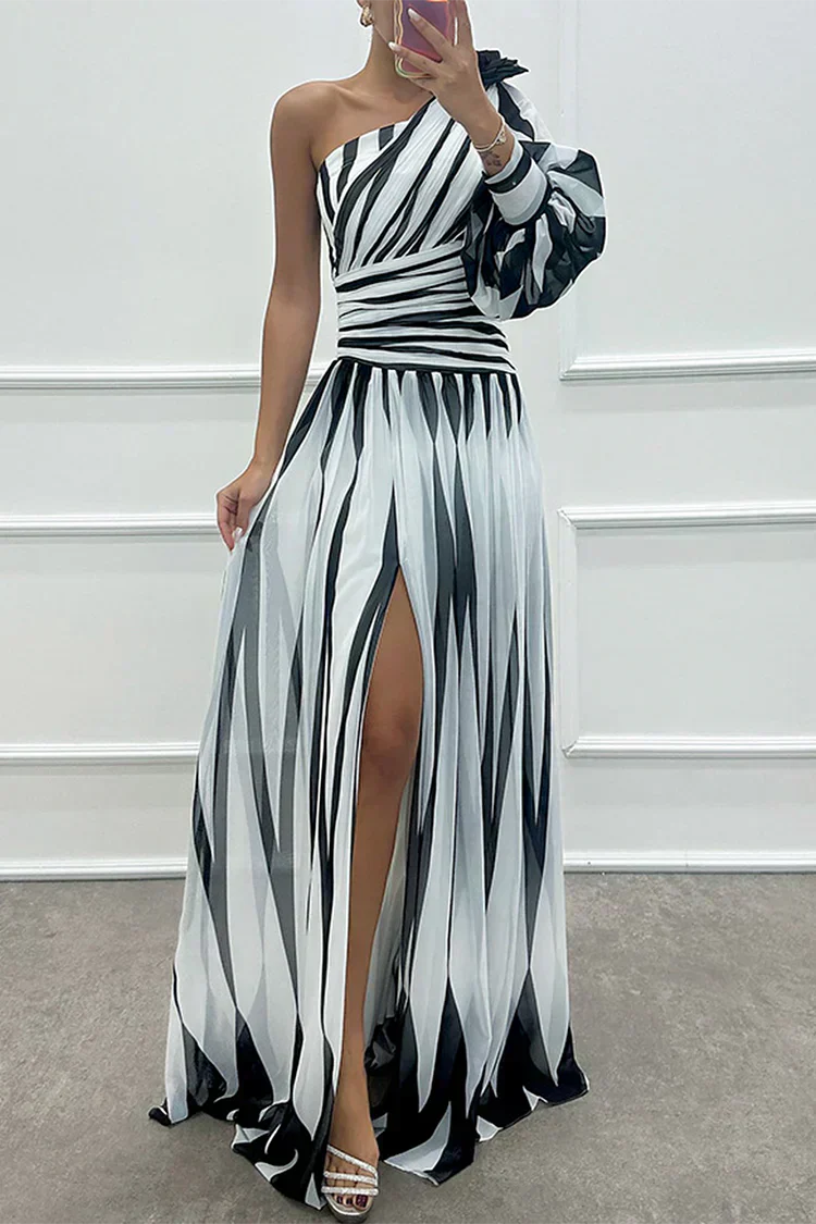KROHN-E Damen Maxi-Kleid One-Shoulder Streifen