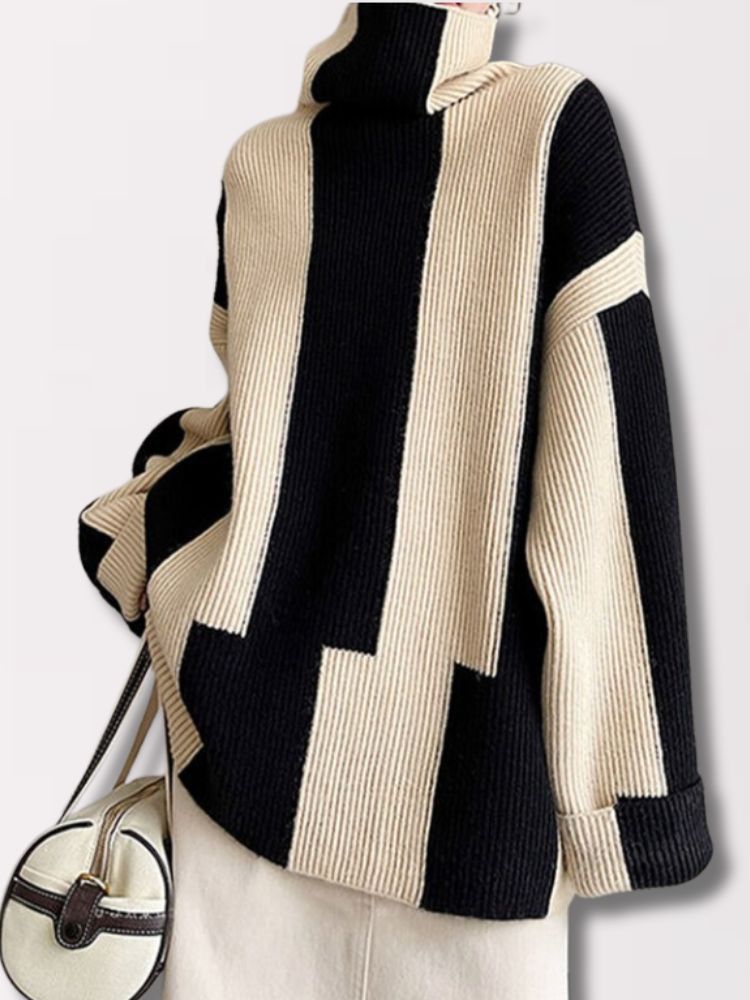 Krohn-e | Pullover - Damen Herbst Hochkragen Zweifarbiger Strickpullover - Krohn-e