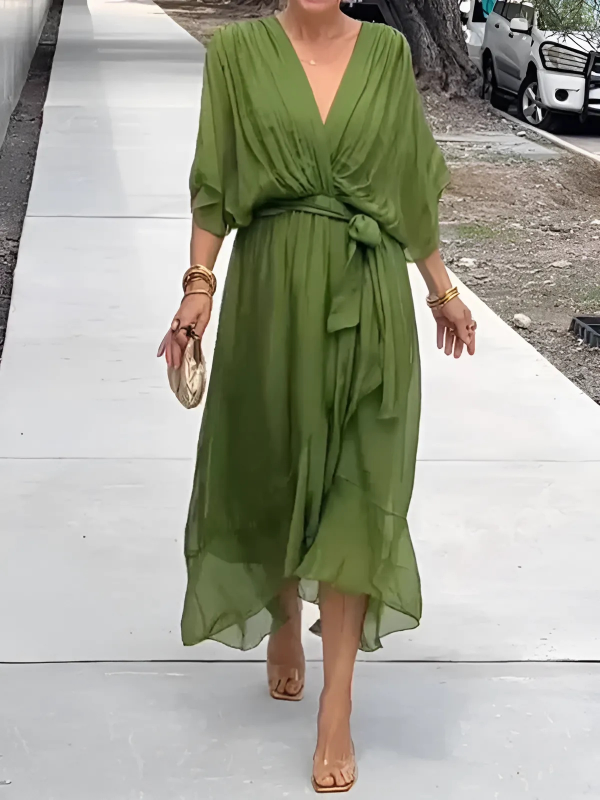 KROHN-E Damen Wrap Midi-Kleid Verstellbarer Gürtel