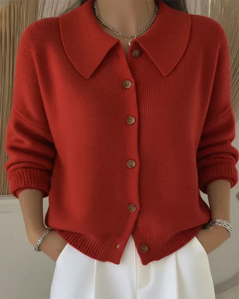 KROHN-E Damen Strickjacke Knopfleiste Kragen Klassisch Grau