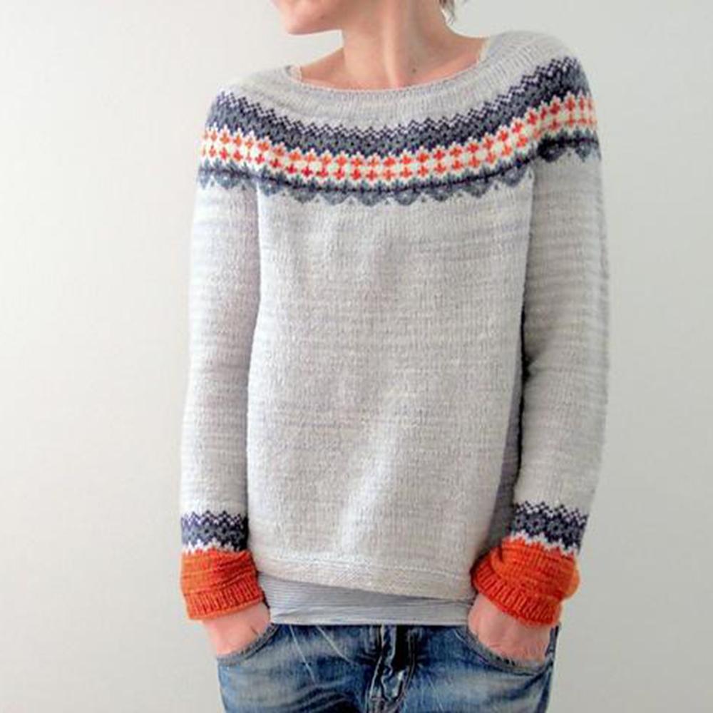 Krohn-e | Grau Strickpullover mit Farbenfrohem Muster Wollmischung Warm und Bequem