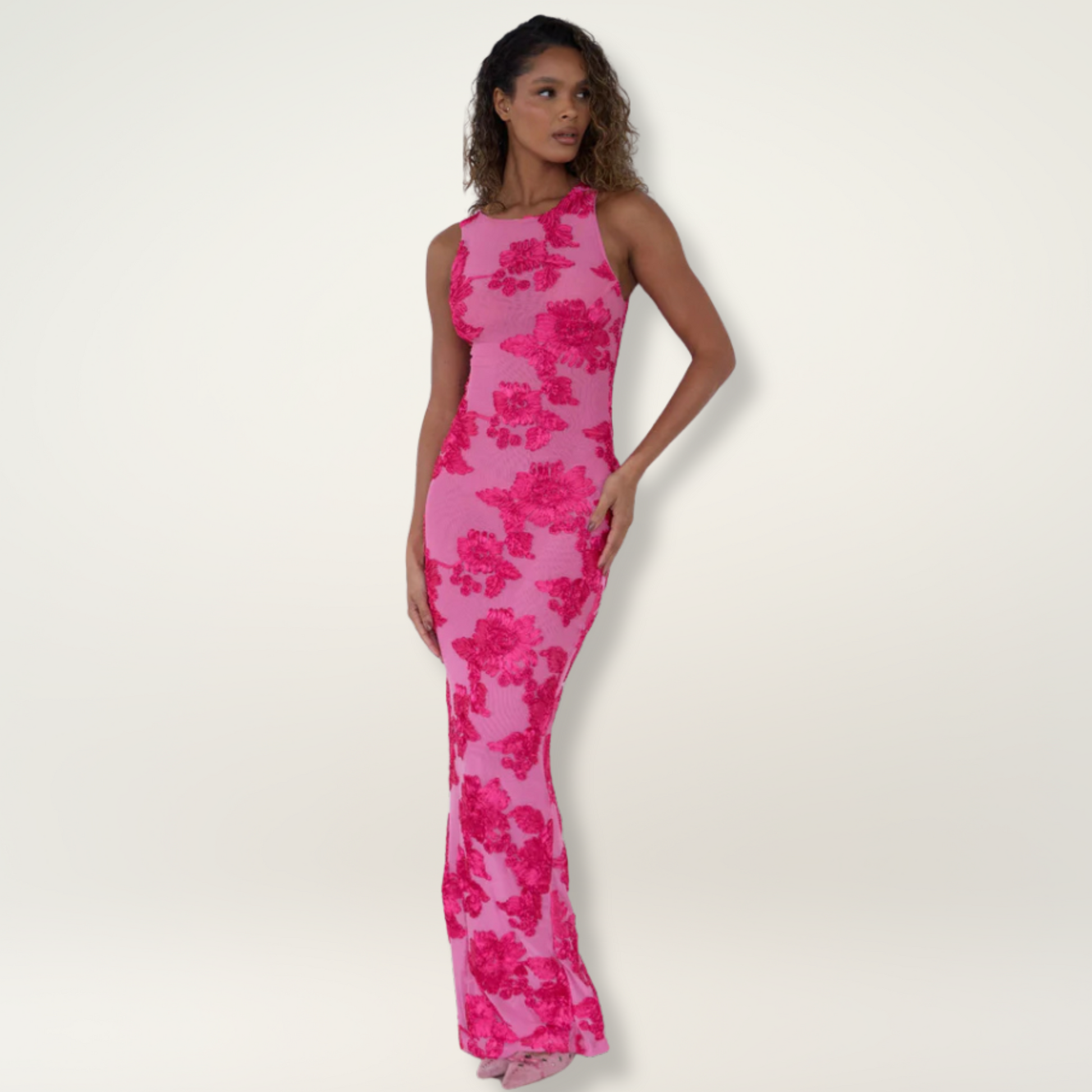 KROHN-E Damen Maxi-Kleid Blumenmuster Rosa Ärmellos