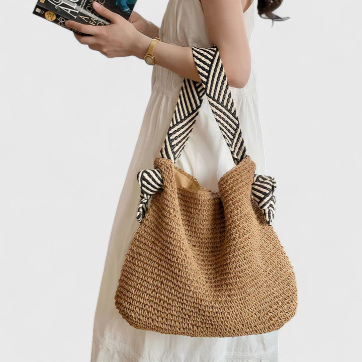 KROHN-E Damen Schultertasche Boho-Style Geflochten Natur
