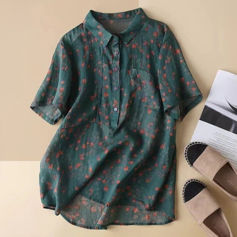 KROHN-E Damen Bluse Blumenmuster Leicht Kurze Ärmel
