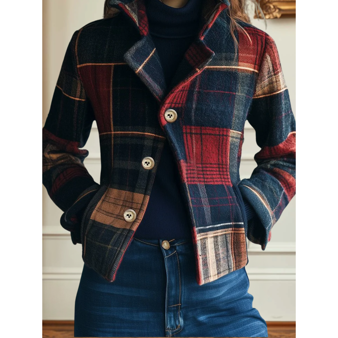 KROHN-E Damen Blazer Karo-Muster Knopfverschluss Seitentaschen