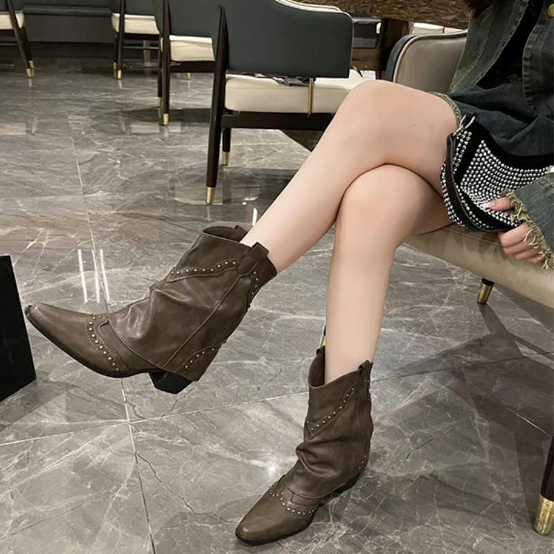 KROHN-E Damen Western-Stiefel Nieten-Details Mittelhoch