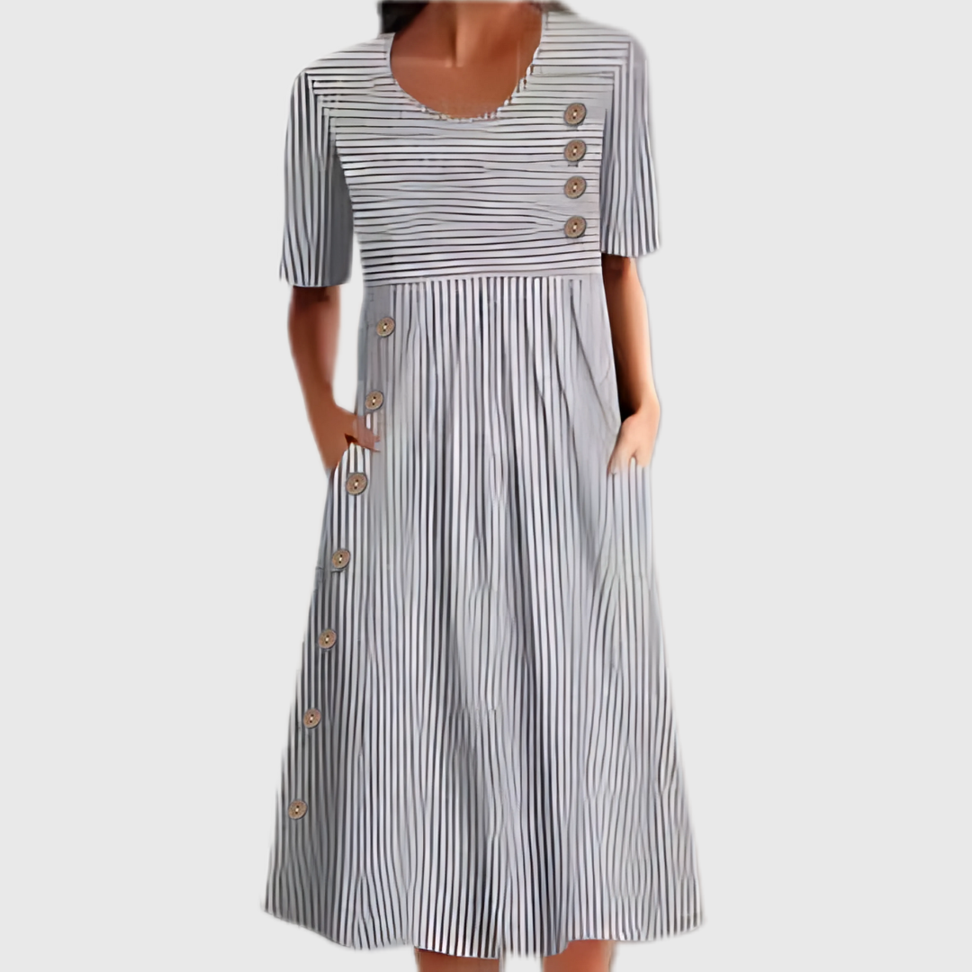 KROHN-E Damen Midi-Kleid Gestreift Knopfdetails Klassisch