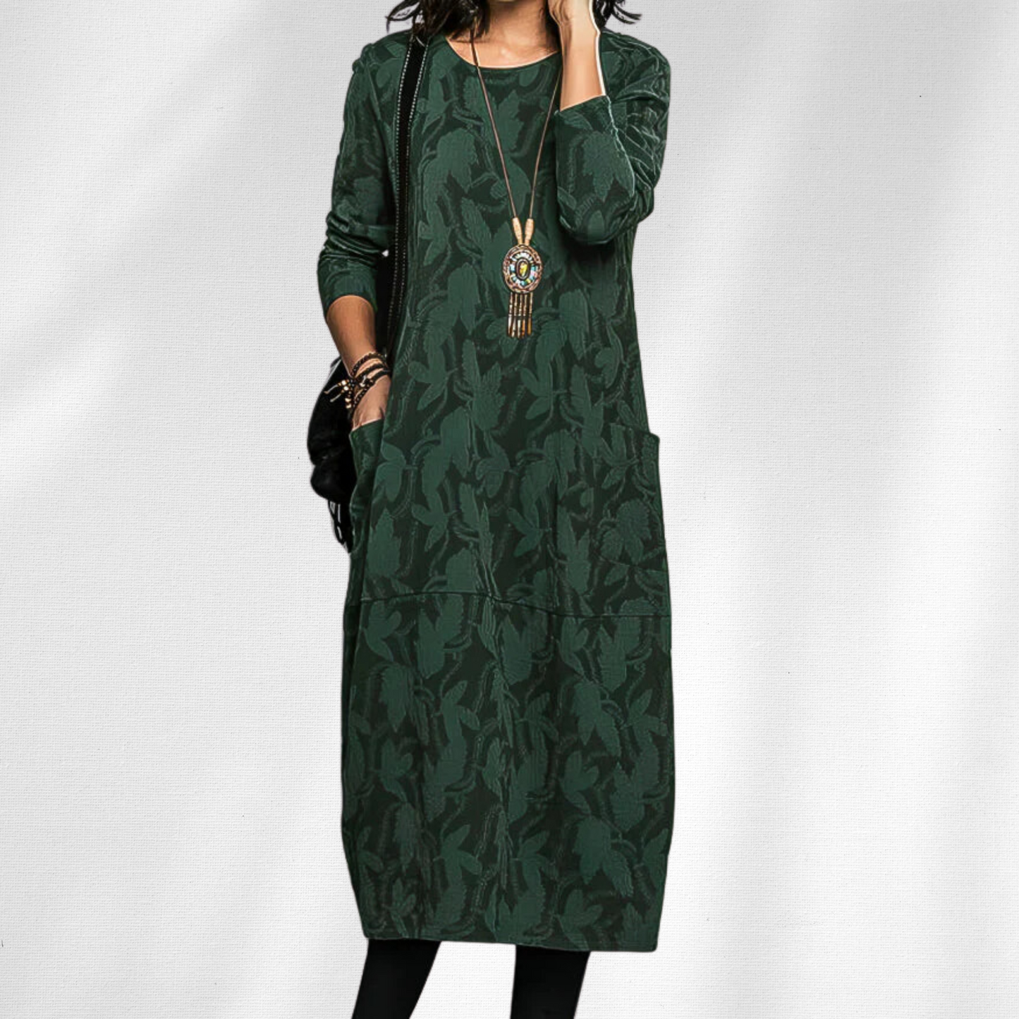 KROHN-E Damen Winter-Kleid Langarm Rundhals Blumenmuster