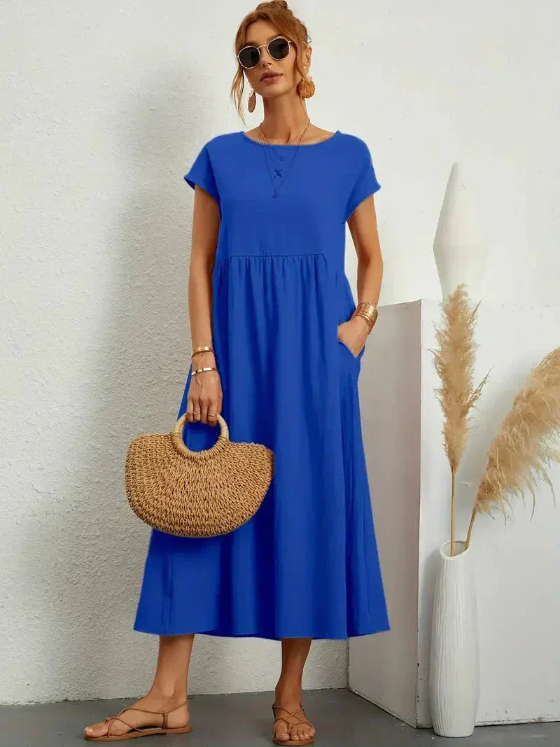KROHN-E Damen Sommerkleid A-Linie Kurzarm Leicht Beige